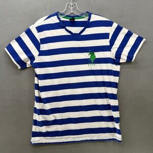 US Polo Assn Mens Blue White Striped V-Neck T-Shirt Large Cotton Sailor Boat